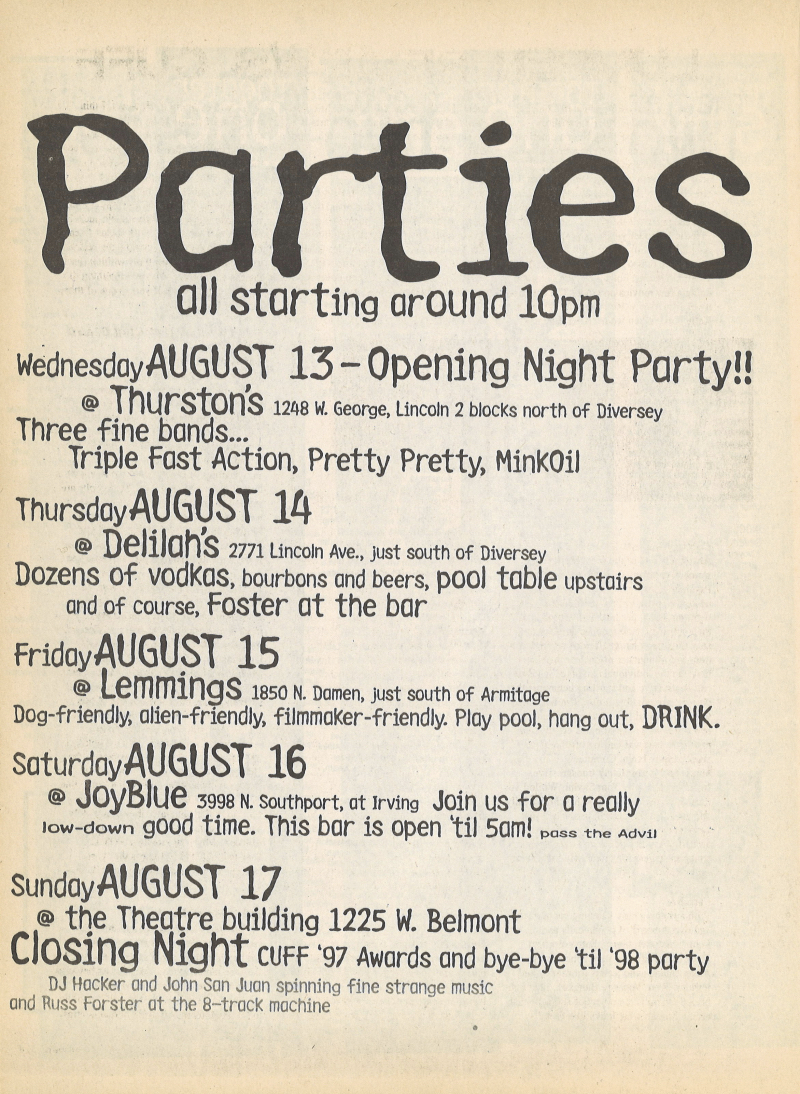Fourth page of the 4th annual Chicago Underground Film Festival featuring the schedule of parties for the fest