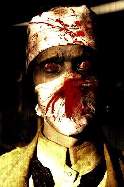 Man wearing bloody surgical mask