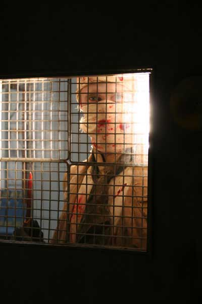 Man wearing a bloody surgical mask looks through prison bars