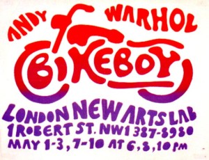 Andy Warhol's Bikeboy Stylized logo for film Bikeboy that is in shape of motorcycle