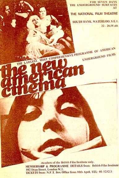 Poster promoting American avant-garde films screening in Britain
