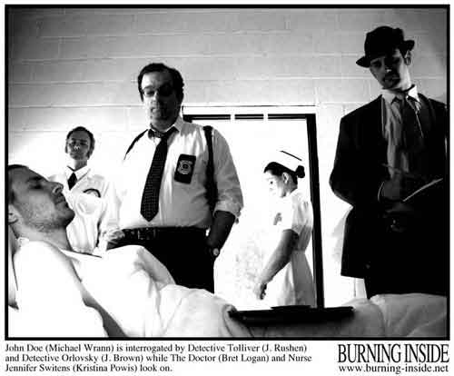 Policemen interrogate an amnesia victim