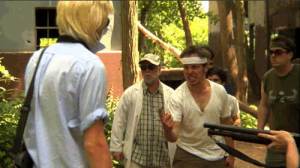 A rough gang confronts an innocent schoolboy