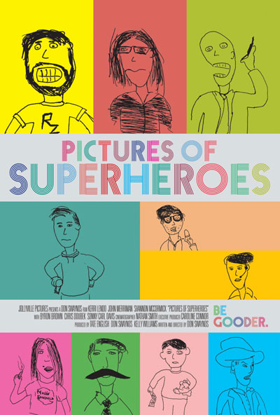 Crude drawings of characters in film Pictures of Superheroes