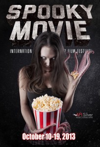 Spooky Movie International Horror Film Festival Hot chick with tentacles for hands holding a bucket of popcorn
