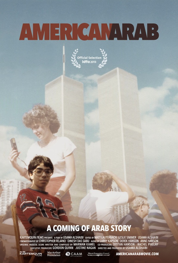 Filmmaker Usama Alshaibi sitting in front of World Trade Center