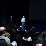 Filmmaker Bruce Baillie seen from a distance at the Redcat Theater in Los Angeles