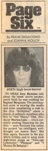 Newspaper article from the '80s featuring a photograph of Joey Ramone