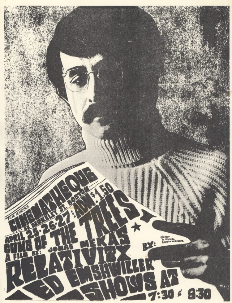 Poster promoting the screening of Guns of the Trees and Relativity at the Boston Film-maker's Cinematheque