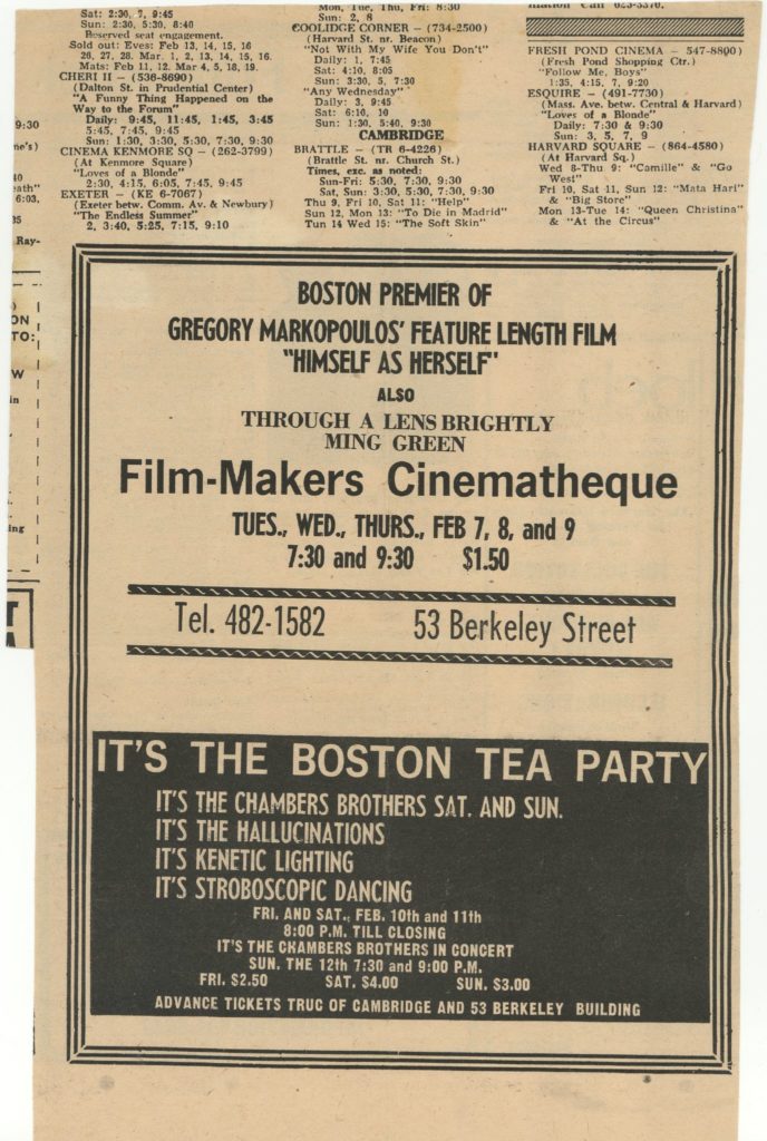 Newspaper ad promoting a screening of Gregory Markopoulos's Himself as Herself