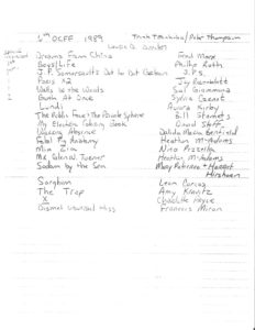 Handwritten list of films that screened at the Onion City Film Festival in 1989