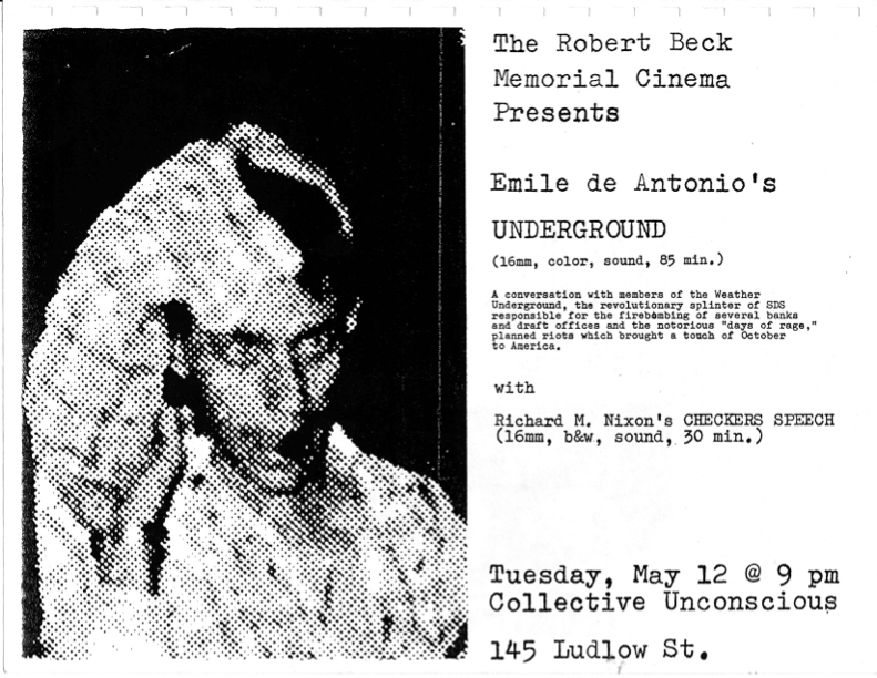 Poster promoting a screening of Underground documentary by Emile De Antonio