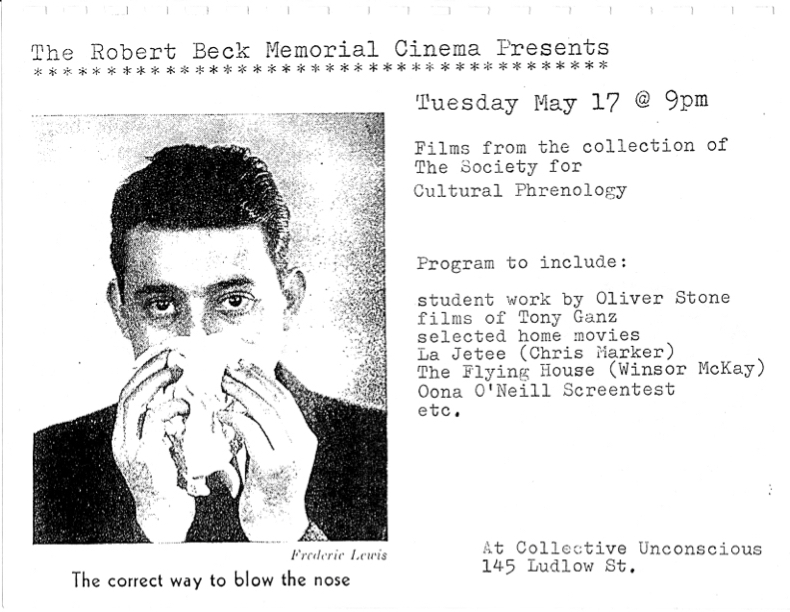 Poster promoting a screening of films by Oliver Stone, Tony Ganz, Chris Marker and more