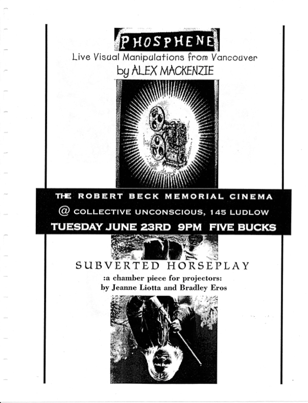 Poster promoting a screening of films by Alex Mackenzie; and a performance by Bradley Eros and Jeanne Liotta