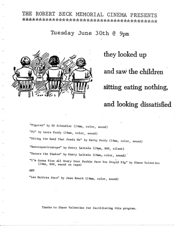 Poster promoting a screening of films by Kerry Laitala, Jean Rouch and Laura Purdy