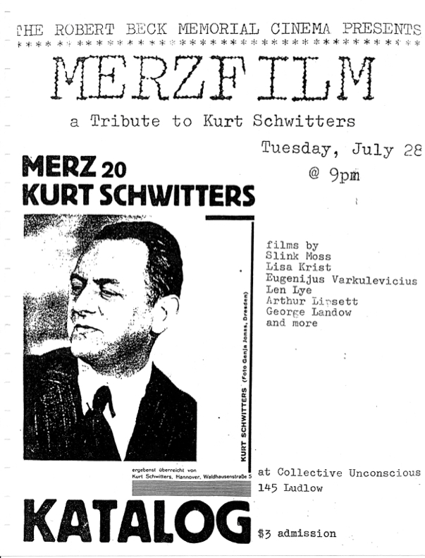 Poster promoting a screening of films by George Landow, Slink Moss, Len Lye and more