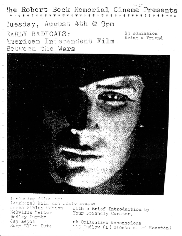 Poster promoting a screening of films by Jay Leyda, Mary Ellen Bute and more