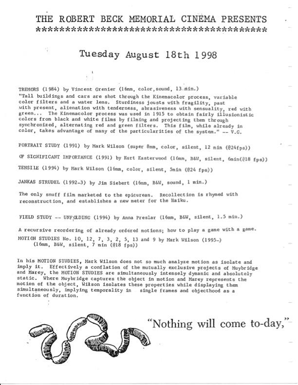 Poster promoting a screening of films by Mark Wilson, Jim Siebert, Anna Presler and more