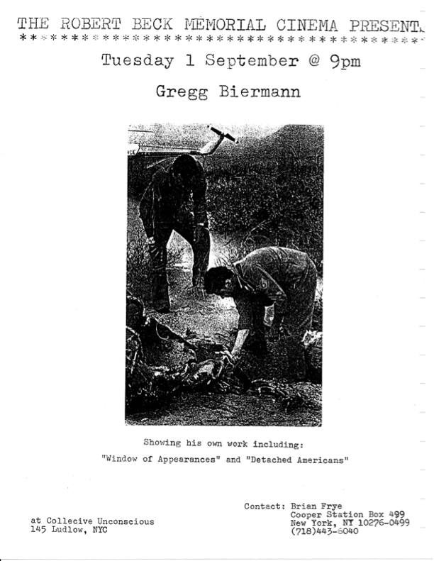 Poster promoting a screening of films by Gregg Biermann