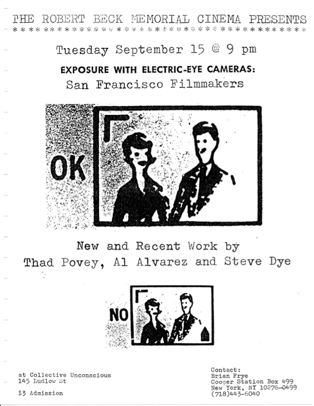 Poster promoting a screening of films by Thad Povey, Al Alvarez and Steve Dye