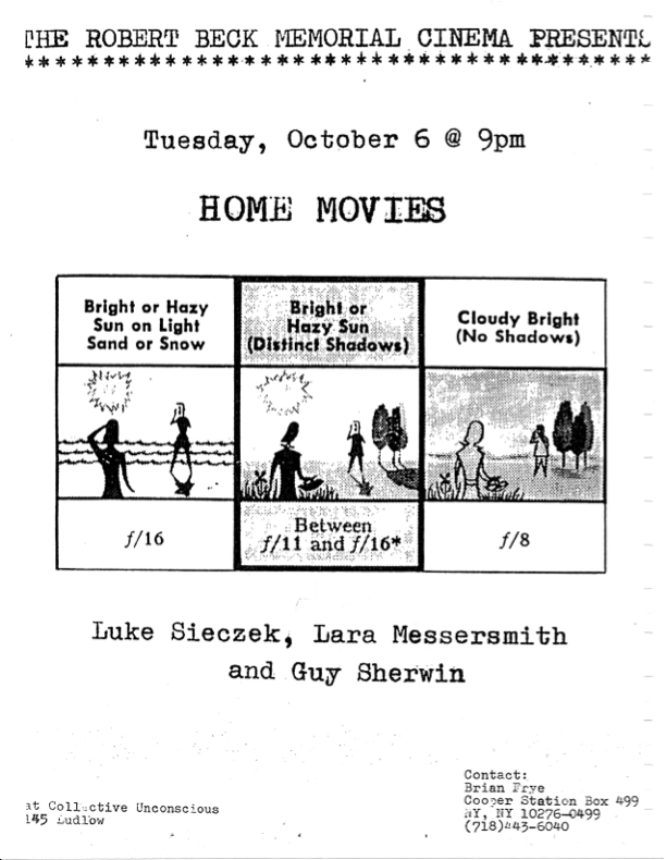 Poster promoting a screening of films by Luke Sieczek, Lara Messersmith and Guy Sherwin