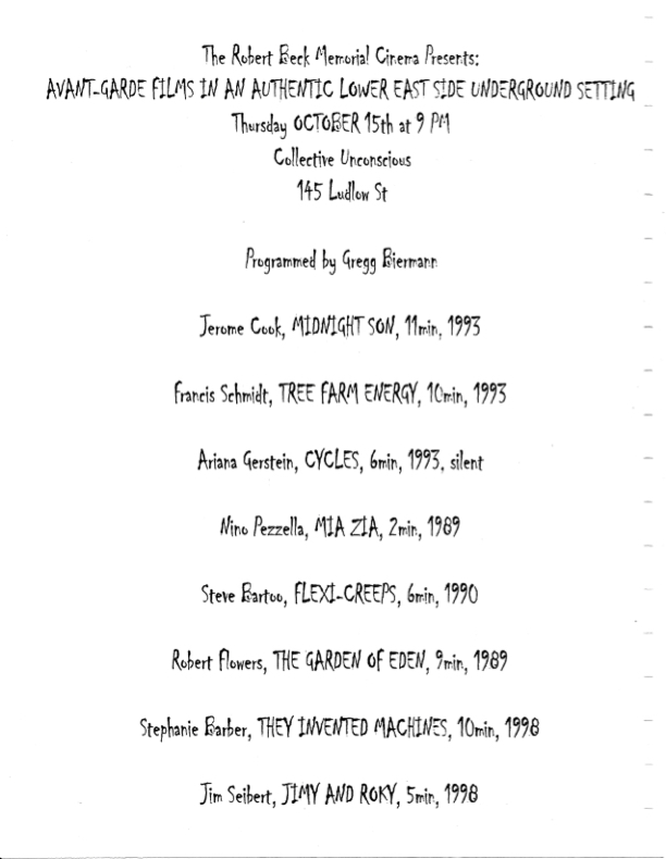 Poster promoting a screening of films by Stephanie Barber, Robert Flowers, Jerome Cook and more