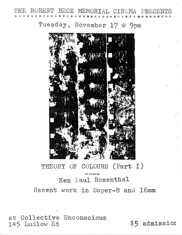 Poster promoting a screening of films by Ken Paul Rosenthal