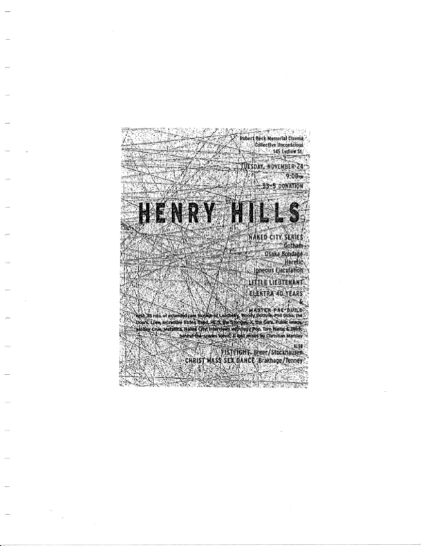 Poster promoting a screening of films by Henry Hills