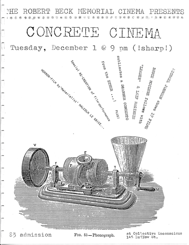 Poster promoting a screening of films by Bruce McClure, Michael Johnsen and more