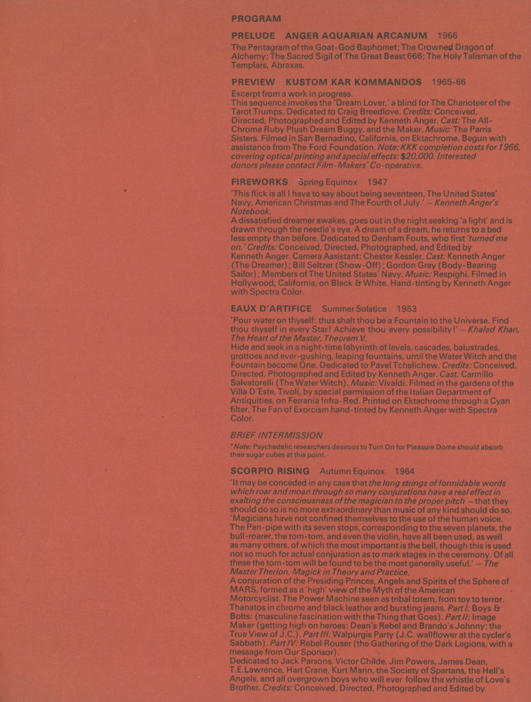 Program page one for Kenneth Anger's 1966 Magick Lantern Cycle screening
