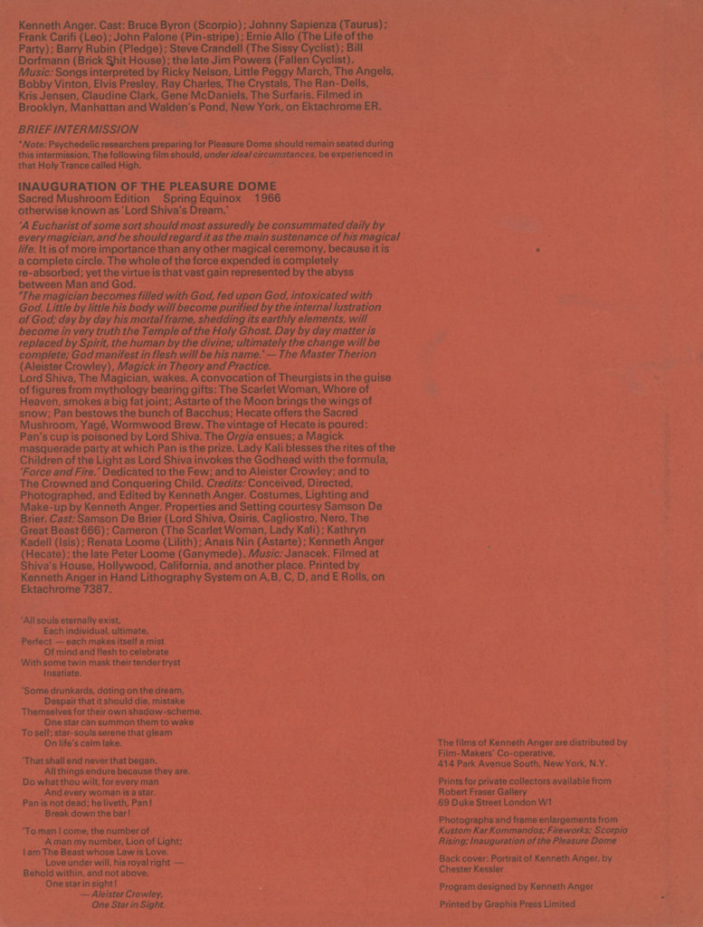 Program page two for Kenneth Anger's 1966 Magick Lantern Cycle screening