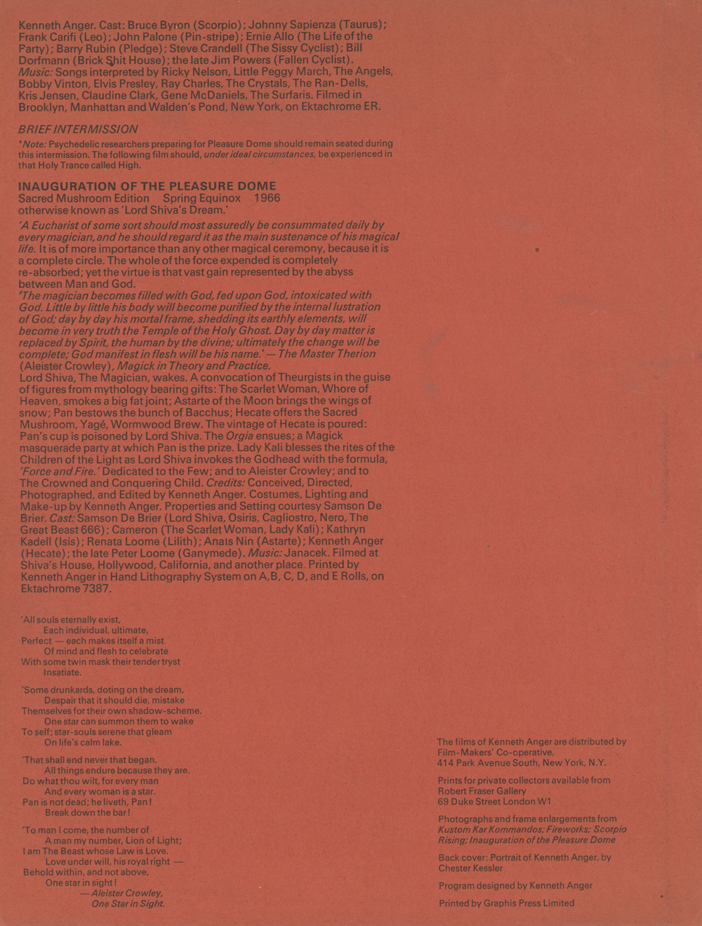 Program page two for Kenneth Anger's 1966 Magick Lantern Cycle screening