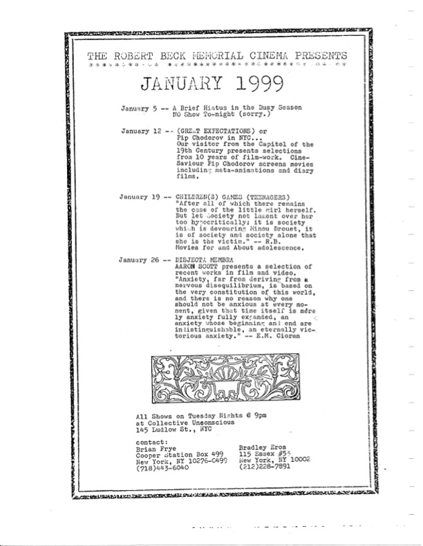 Calendar of January 1999 screenings at the Robert Beck Memorial Cinema