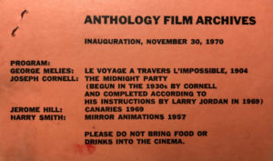 Program booklet of films that screened at the opening of the Anthology Film Archives in 1970