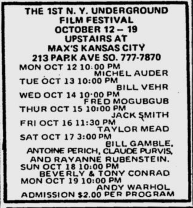 Village Voice advertisement for the New York Underground Film Festival in October 1970