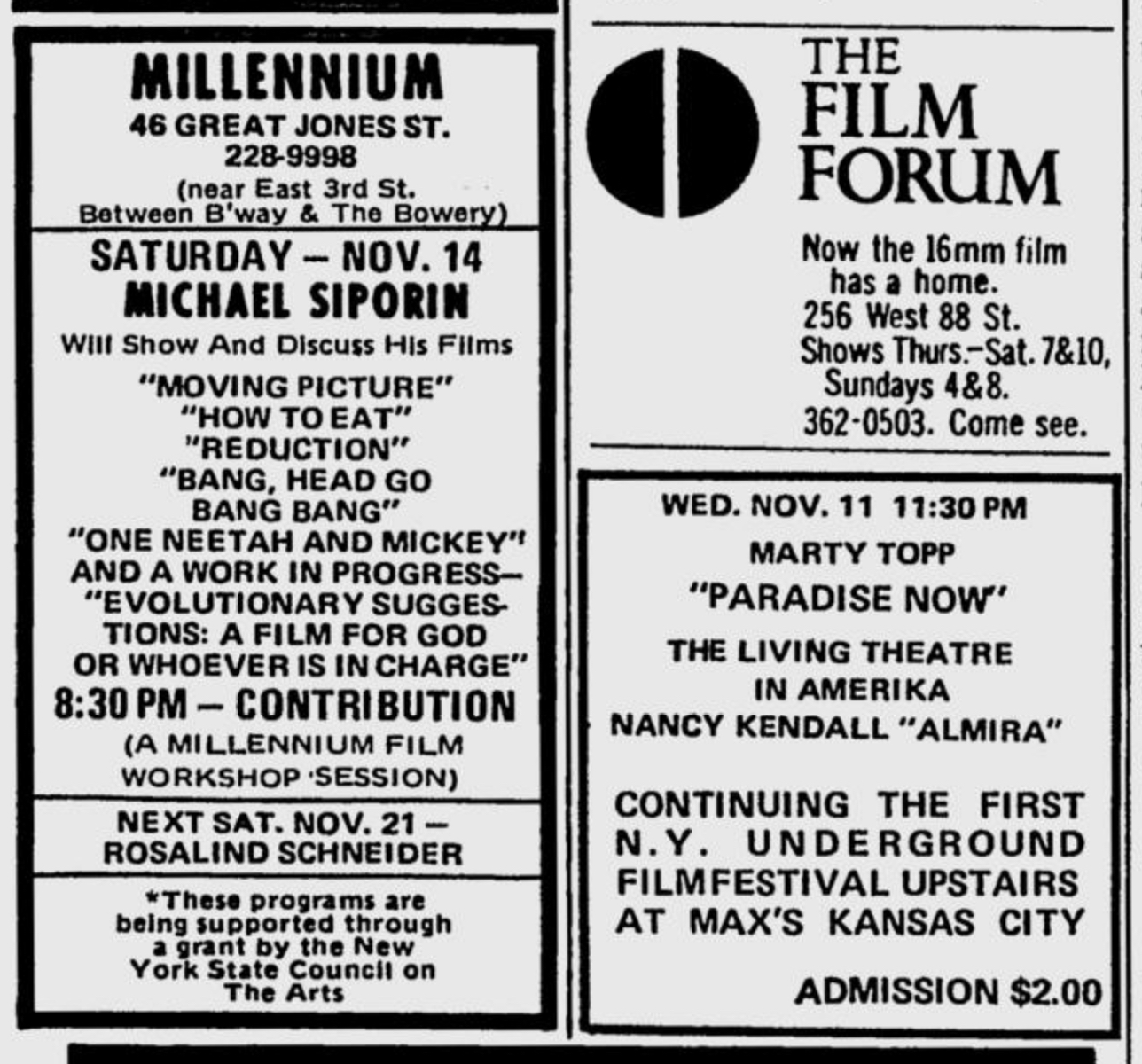 Village Voice ad for New York Underground Film Festival continuing on November 11, 1970