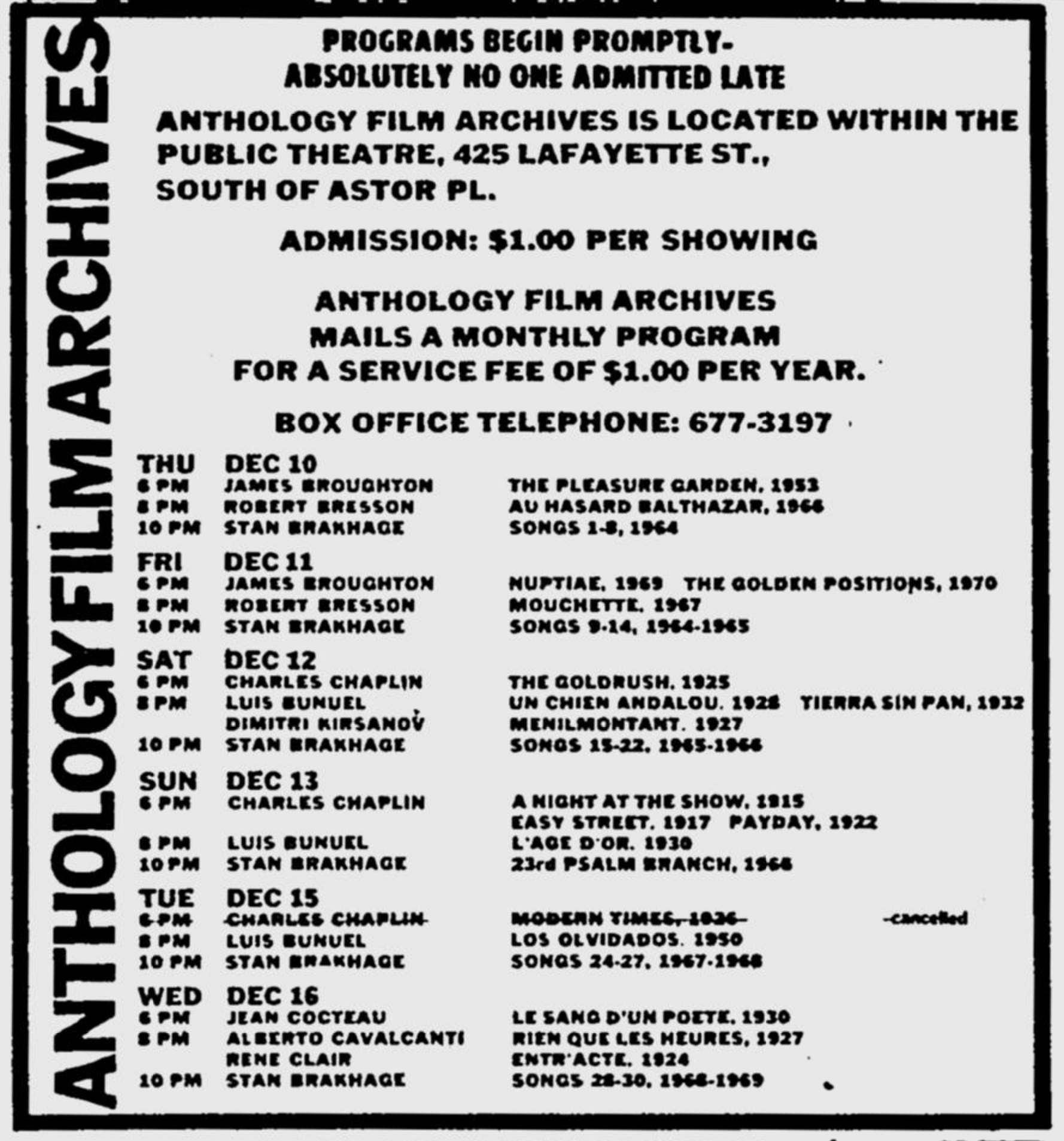 Advertisement for the Anthology Film Archives in the 12.10.70 Village Voice