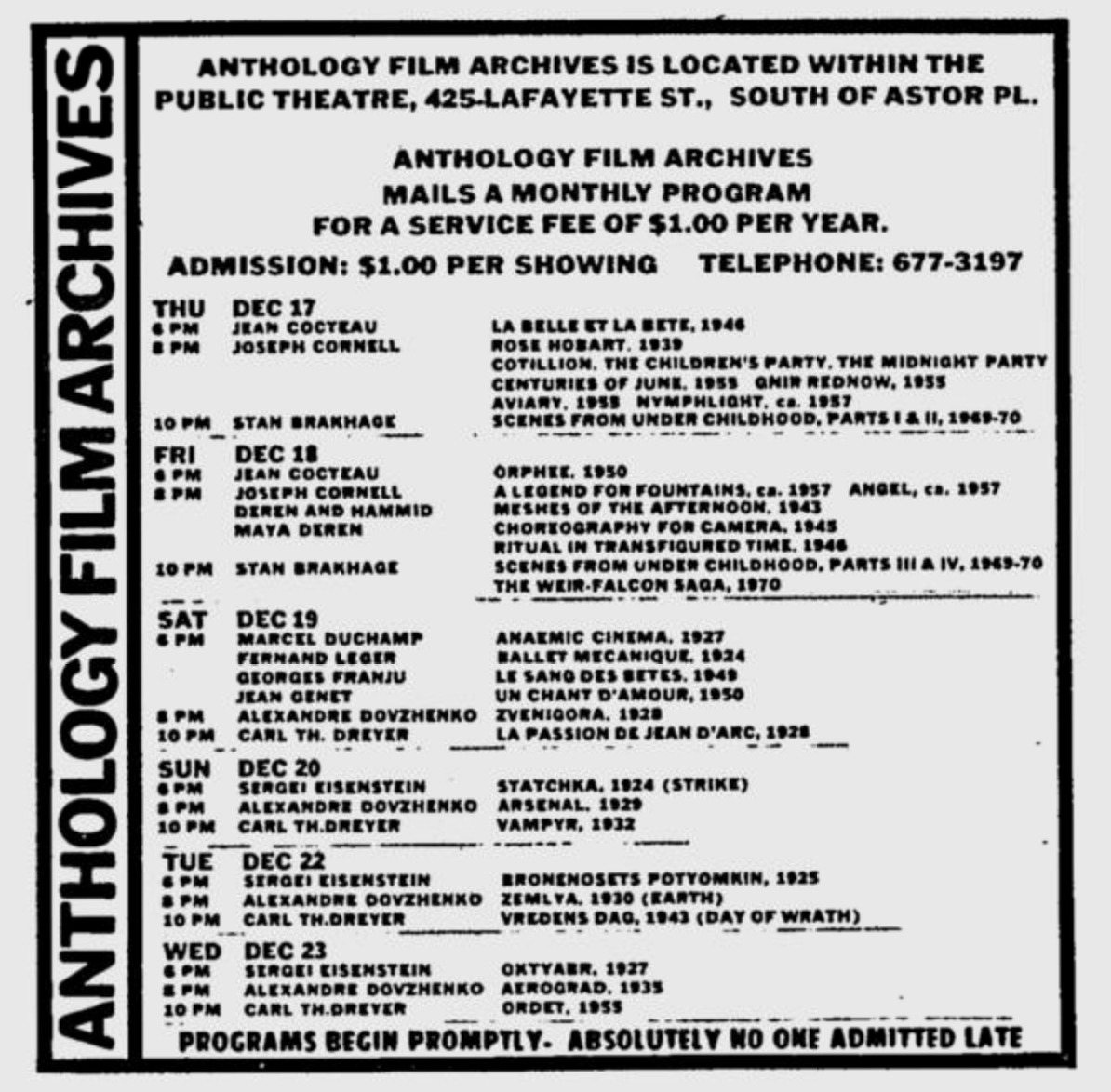 Anthology Film Archives ad in the Village Voice 12.17.70