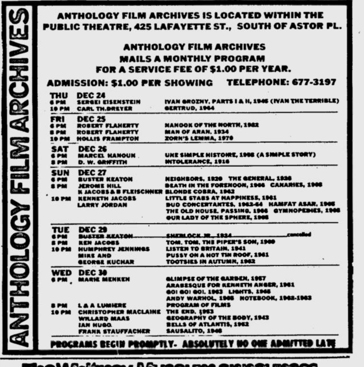 Anthology Film Archives advertisement from the Village Voice 12.24.18