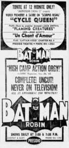 Advertisement from the Jan. 1 1966 San Francisco Examiner about underground films screening at the Presidio Theatre
