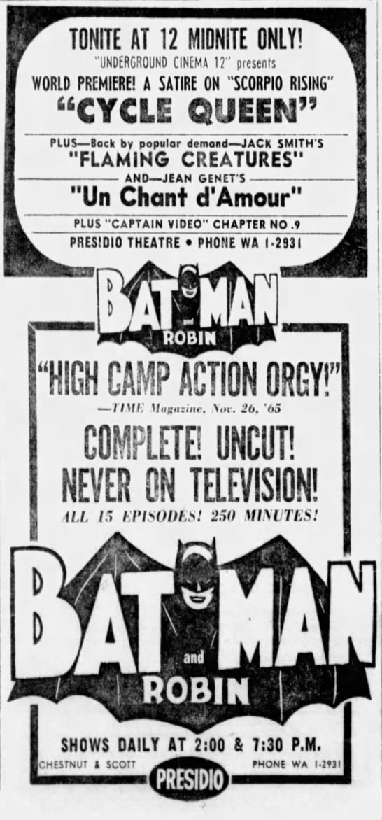 Advertisement from the Jan. 1 1966 San Francisco Examiner about underground films screening at the Presidio Theatre
