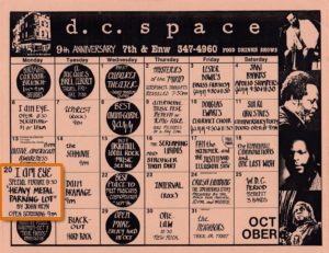 Calendar for October 1986 for d.c. space featuring the world premiere of Heavy Metal Parking Lot