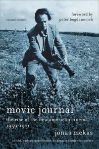Cover to the 2nd edition of Movie Journal by Jonas Mekas featuring the author with a movie camera