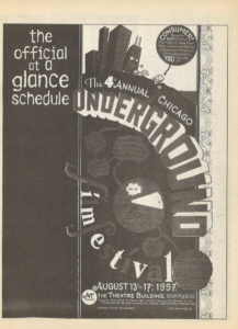 First page of the 4th annual Chicago Underground Film Festival schedule as printed in the magazine Lumpen, vol. 6 no. 4