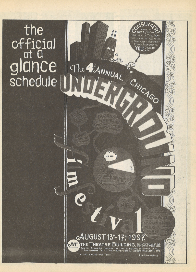 First page of the 4th annual Chicago Underground Film Festival schedule as printed in the magazine Lumpen, vol. 6 no. 4