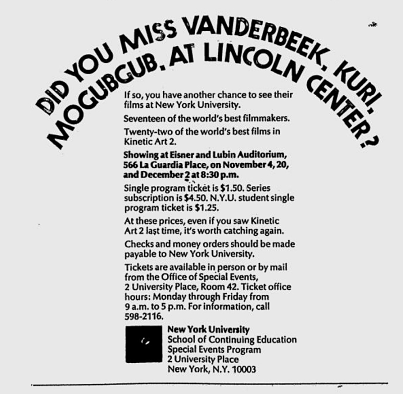 Advertisement from the Village Voice announcing a screening of short films called Kinetic 2