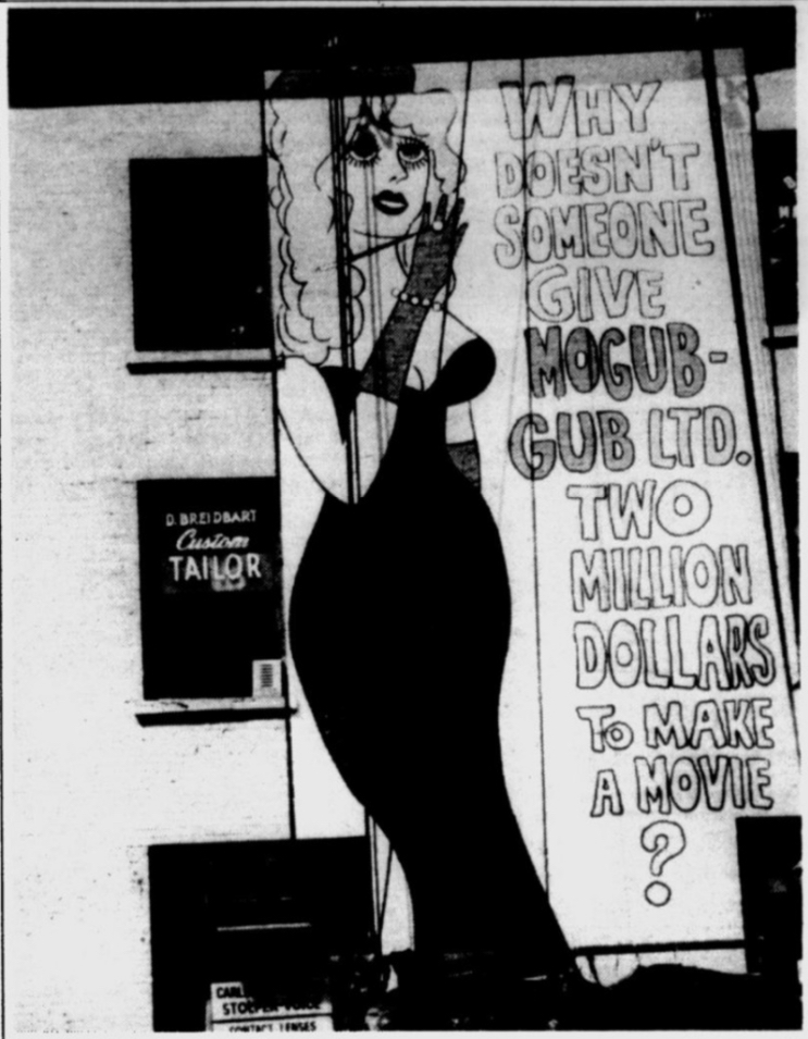 Mural featuring a drawing of a wealthy woman wearing an evening gown and some text