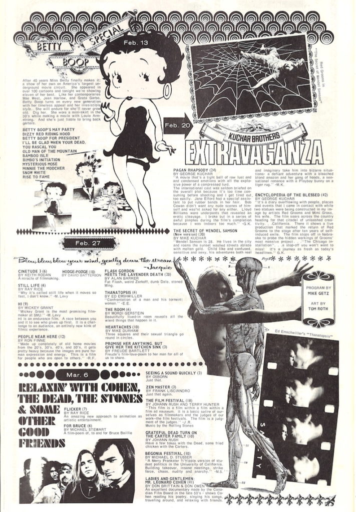 Calendar for underground film screenings featuring images of Betty Boop and a film by Mike Kuchar