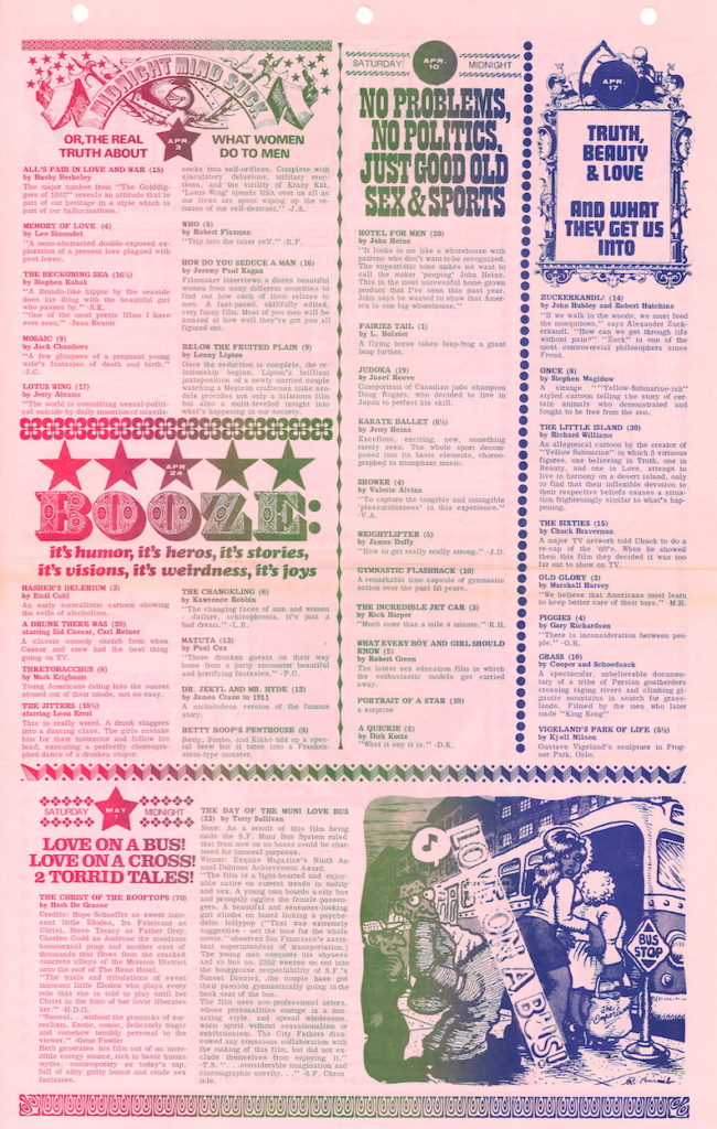 Calendar for underground film screenings featuring a drawing by Robert Crumb