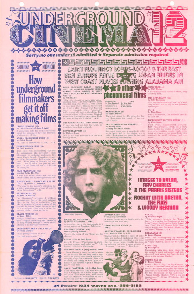 Calendar for underground film screenings featuring images of a hippie and a woman holding a movie camera